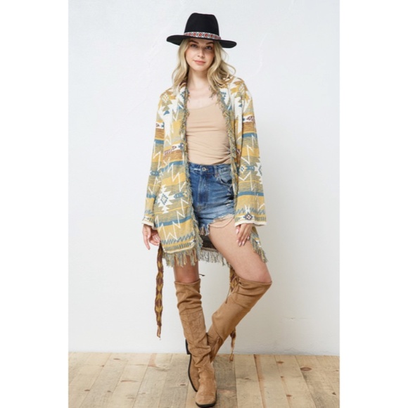 SOLD OUT Mustard Fringe Western Native Aztec Belted Tie Knit Cardigan Sweater - Picture 3 of 9